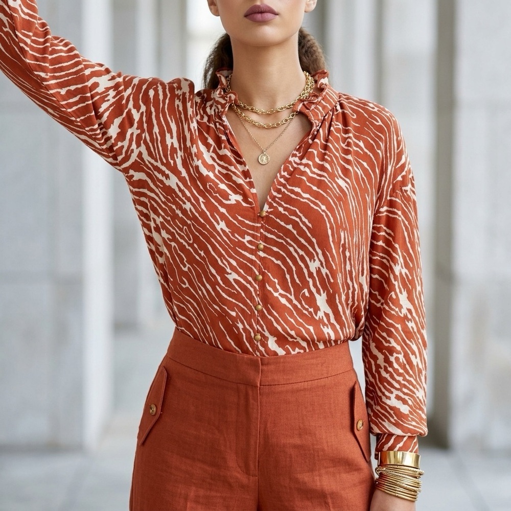 Anthropologie Ruffled Mock-Neck Zebra Blouse | Terracotta & Cream